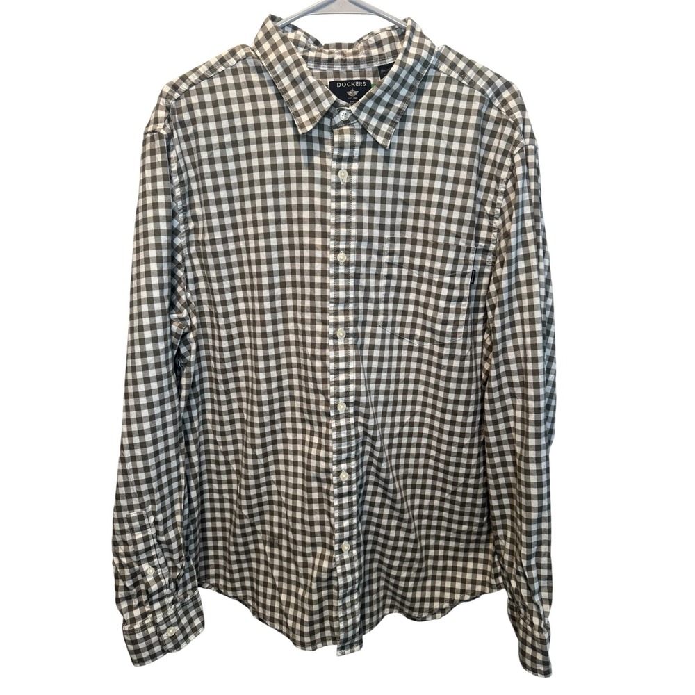 Dockers Mens XL Regular Fit Long Sleeve Gingham Button Down Shirt Olive Green